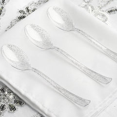 25-Pack Plastic Spoons Clear Silver Glitter Classic Heavy Duty - Decorative Disposable Tableware 7"
