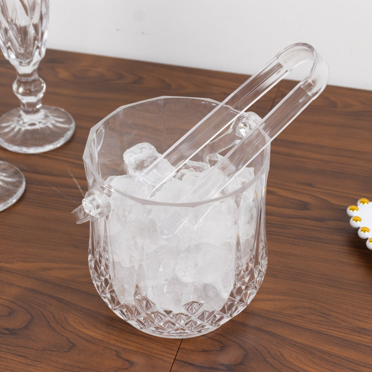 3-Pack Clear Plastic Small Ice Buckets with Handle & Tongs in Crystal-Cut Design 5"x5"